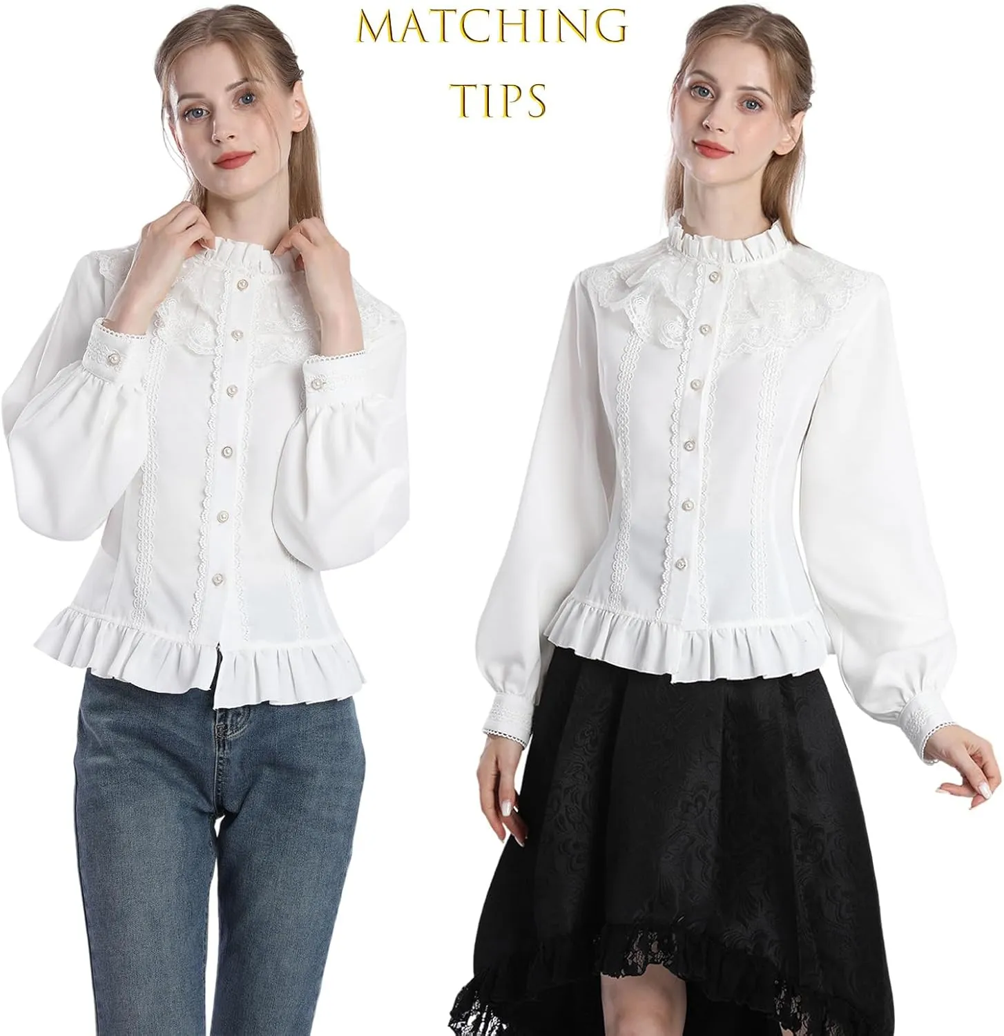 CR ROLECOS Women Victorian Blouse High Collar Lace Ruffled Shirt Tops