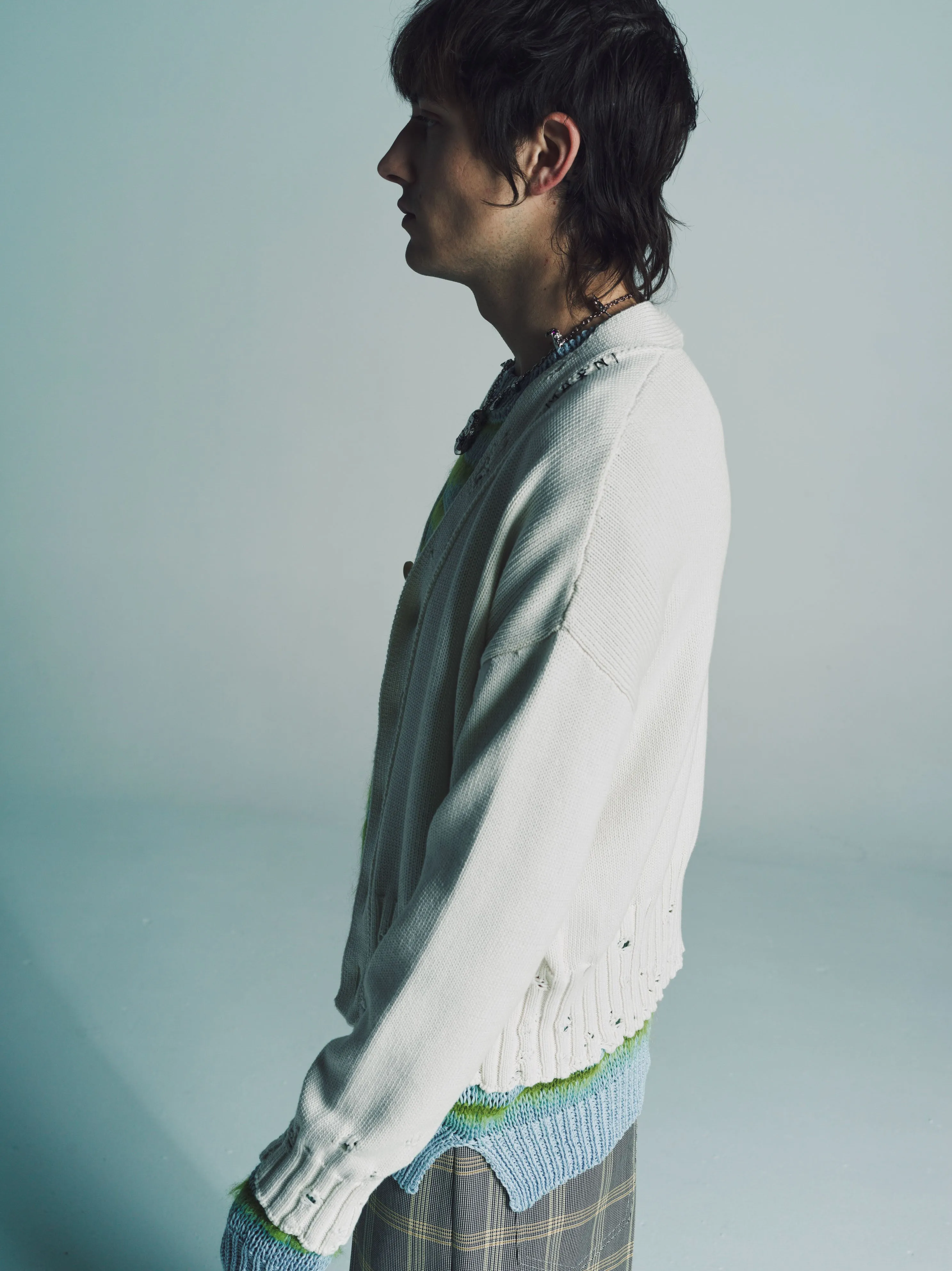 Cream Wool Distressed Cardigan