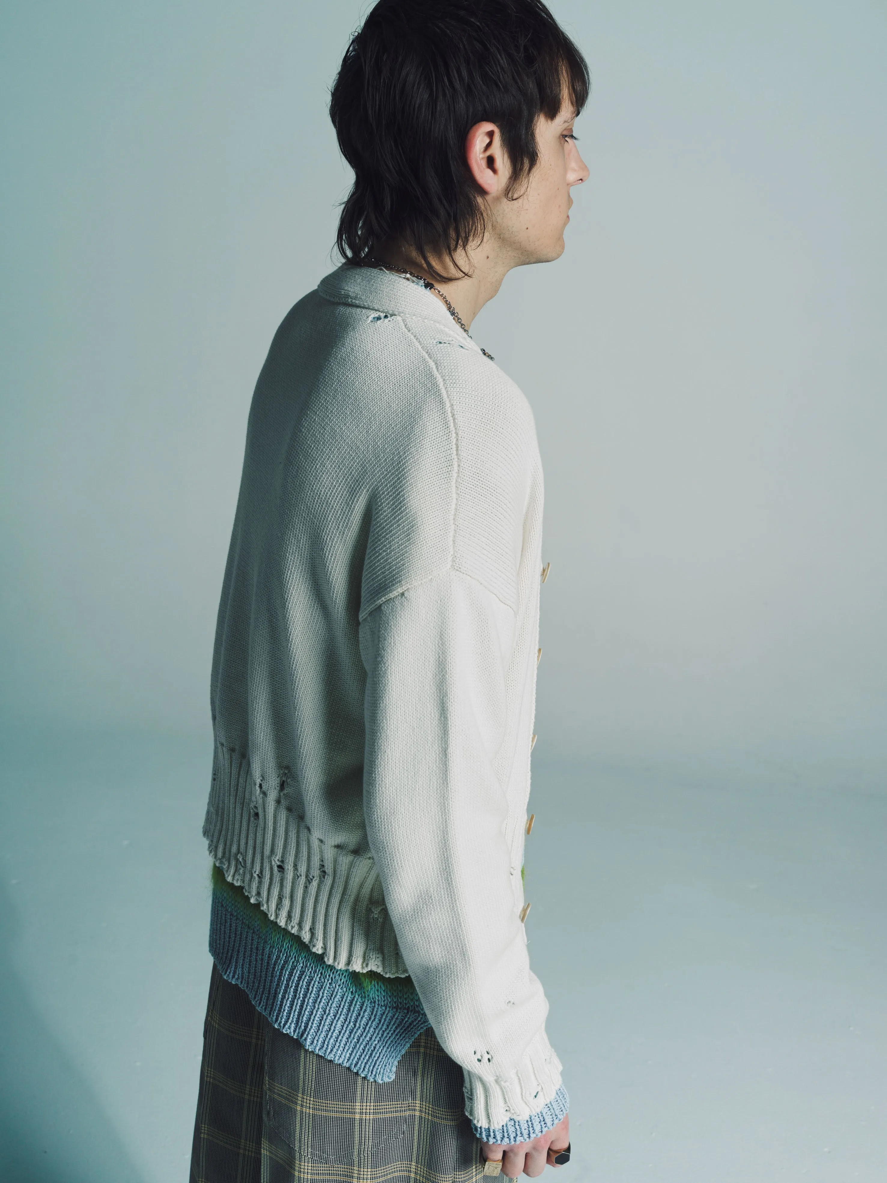 Cream Wool Distressed Cardigan