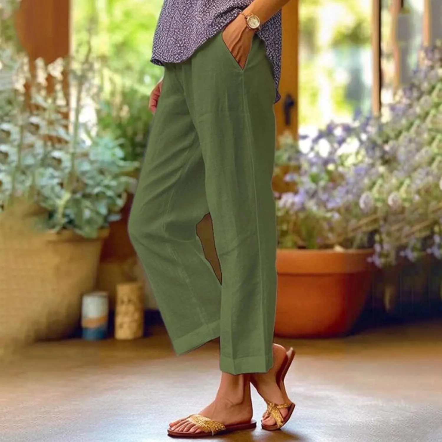 Cropped Linen Pants Women Summer Elastic Waist Straight Leg Plus Size Crop Pants Casual Beach Trousers with Pockets
