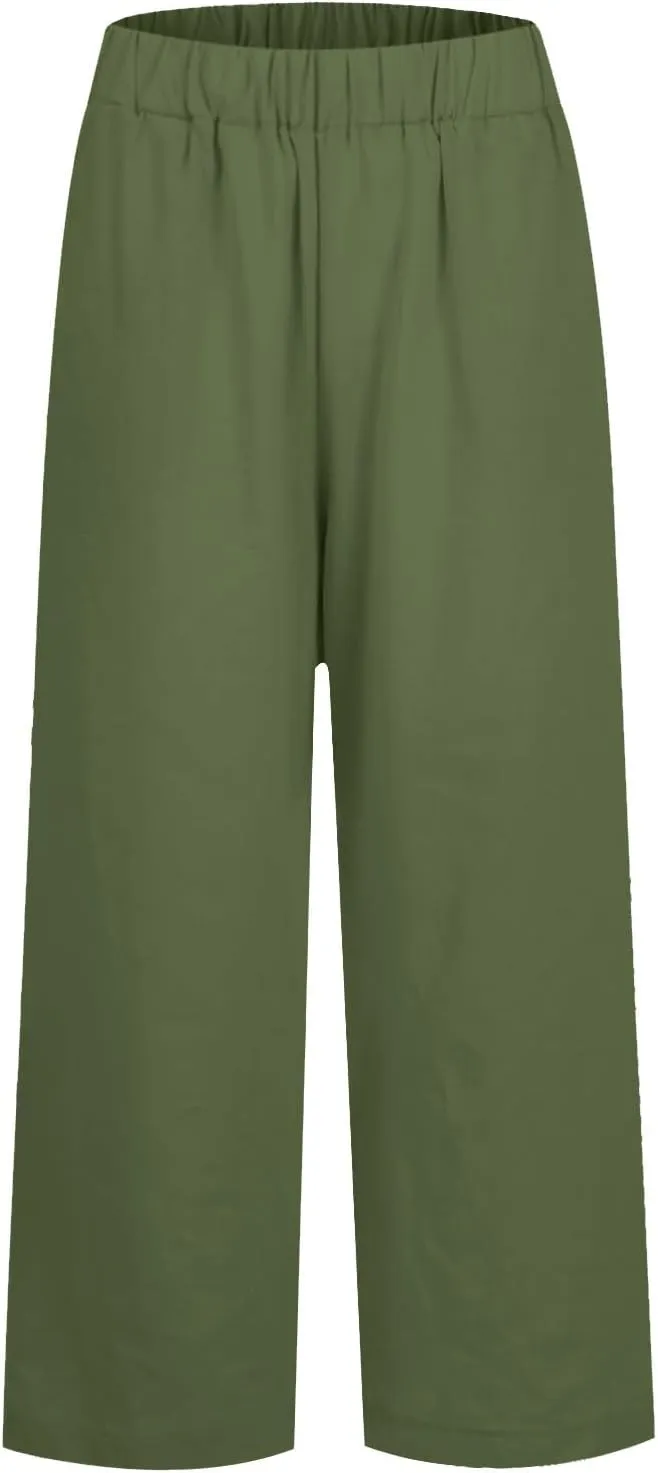 Cropped Linen Pants Women Summer Elastic Waist Straight Leg Plus Size Crop Pants Casual Beach Trousers with Pockets