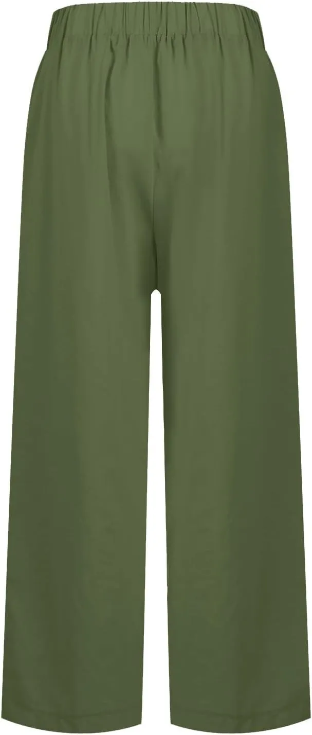 Cropped Linen Pants Women Summer Elastic Waist Straight Leg Plus Size Crop Pants Casual Beach Trousers with Pockets