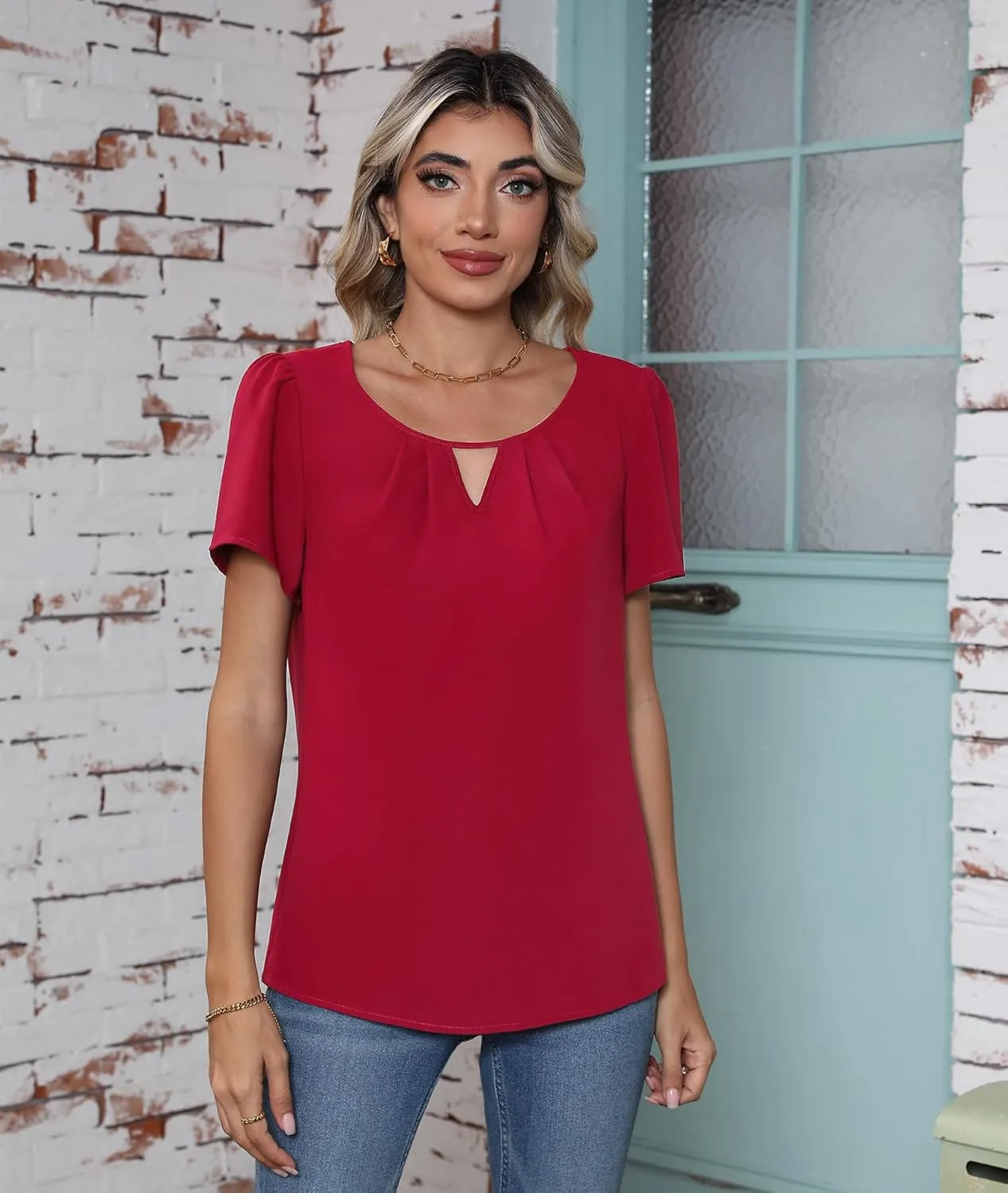 CZYINXIAN Women's Summer Casual Short Sleeve Blouse Dressy Round Neck Business Chiffon Top Shirt