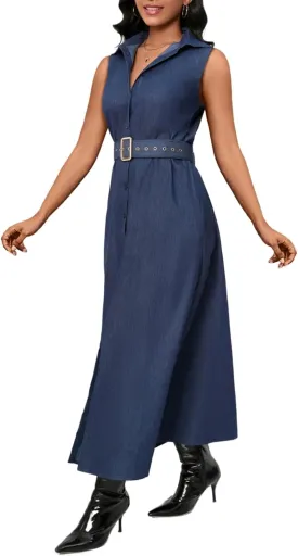 Denim Maxi Shirt Dress for Women Long Sleeve Button Down Belted Casual Dress Prom Dress with Pockets