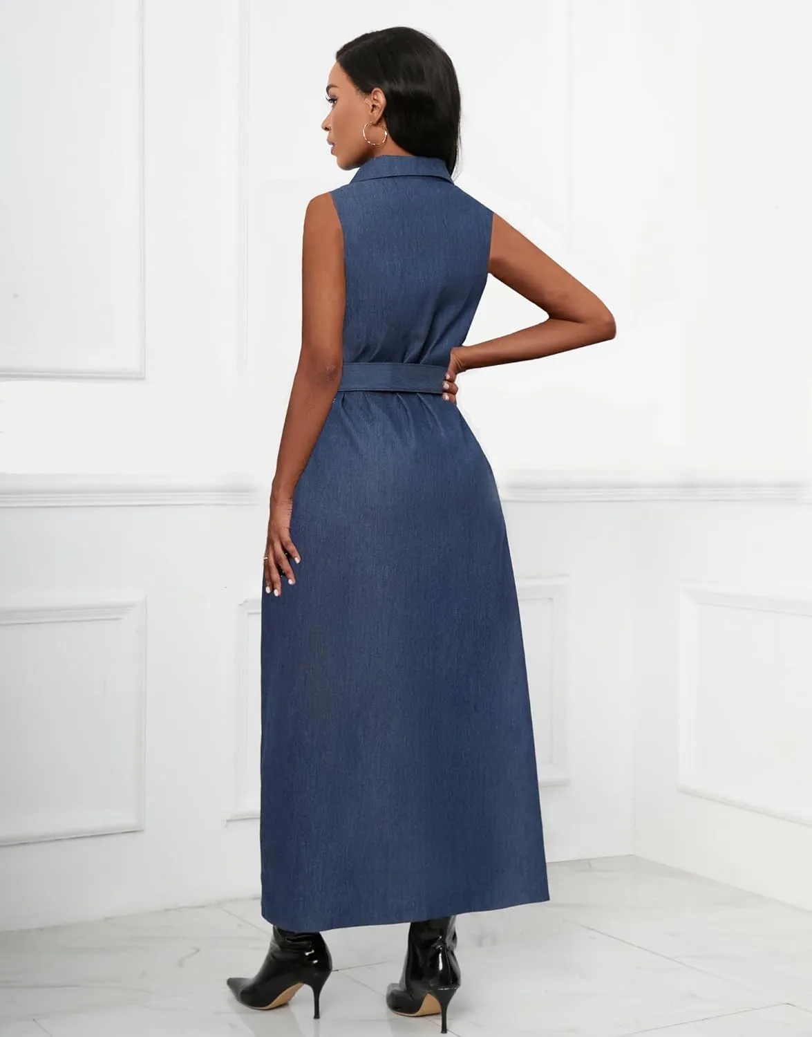 Denim Maxi Shirt Dress for Women Long Sleeve Button Down Belted Casual Dress Prom Dress with Pockets