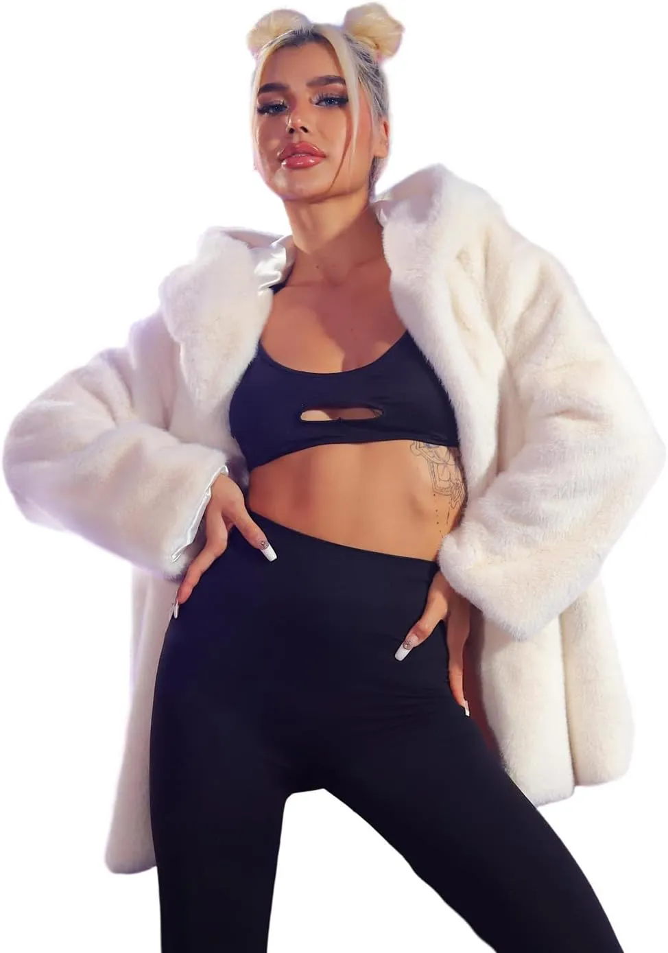 Edary Women's Faux Fur Coat Long Sleeve Hooded Faux Fur Jacket Open Front Fluffy Outwear Jackets Party Warm Fur Coats