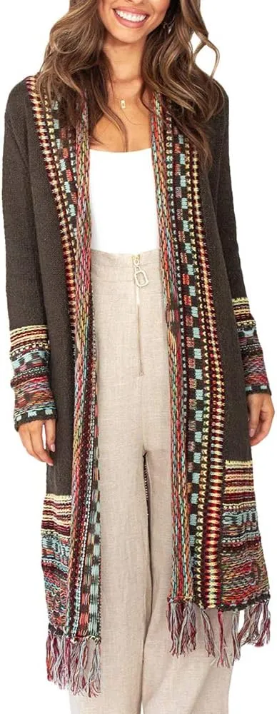FERBIA Women Boho Cardigan Sweater Long Open Front Maxi Knit Sweaters Aztec Tribal Tassel Fringe Thin Coat