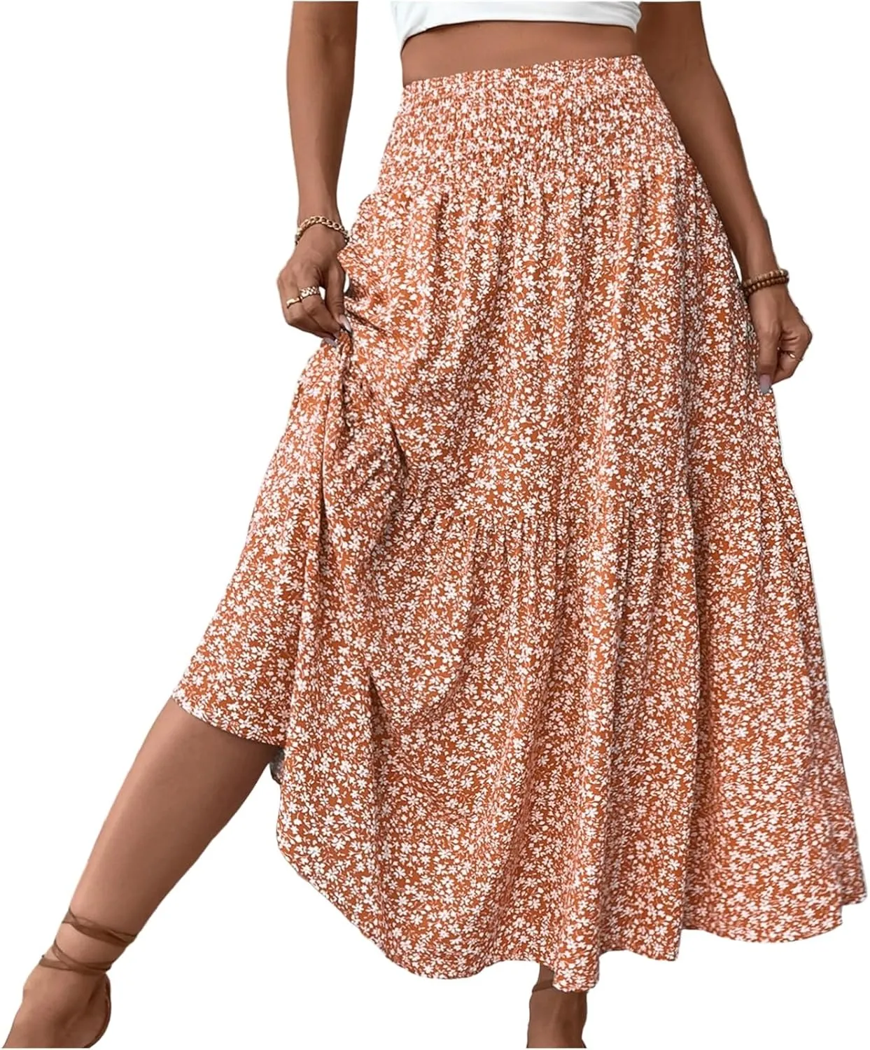 Floral Skirts for Women Summer Flowy Tiered Elastic High Waisted Print Swing Skirt Vacation A-Line Long Midi Skirts