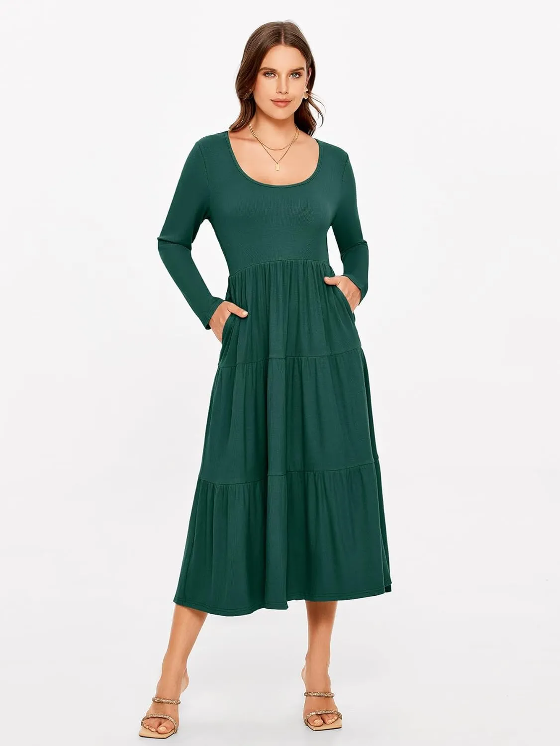 Glamaker Women's Long Sleeve Fall Dress Casual Swing Maxi Dress Tiered Midi Dress with Pockets 2024