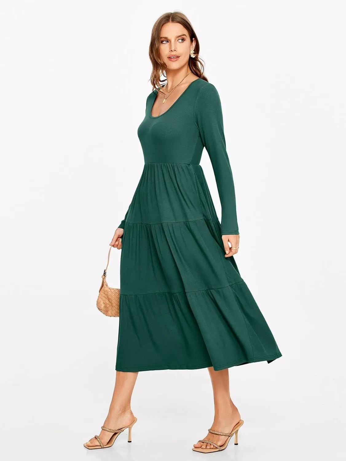 Glamaker Women's Long Sleeve Fall Dress Casual Swing Maxi Dress Tiered Midi Dress with Pockets 2024