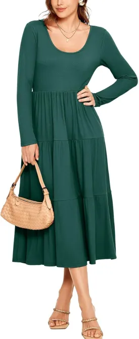 Glamaker Women's Long Sleeve Fall Dress Casual Swing Maxi Dress Tiered Midi Dress with Pockets 2024