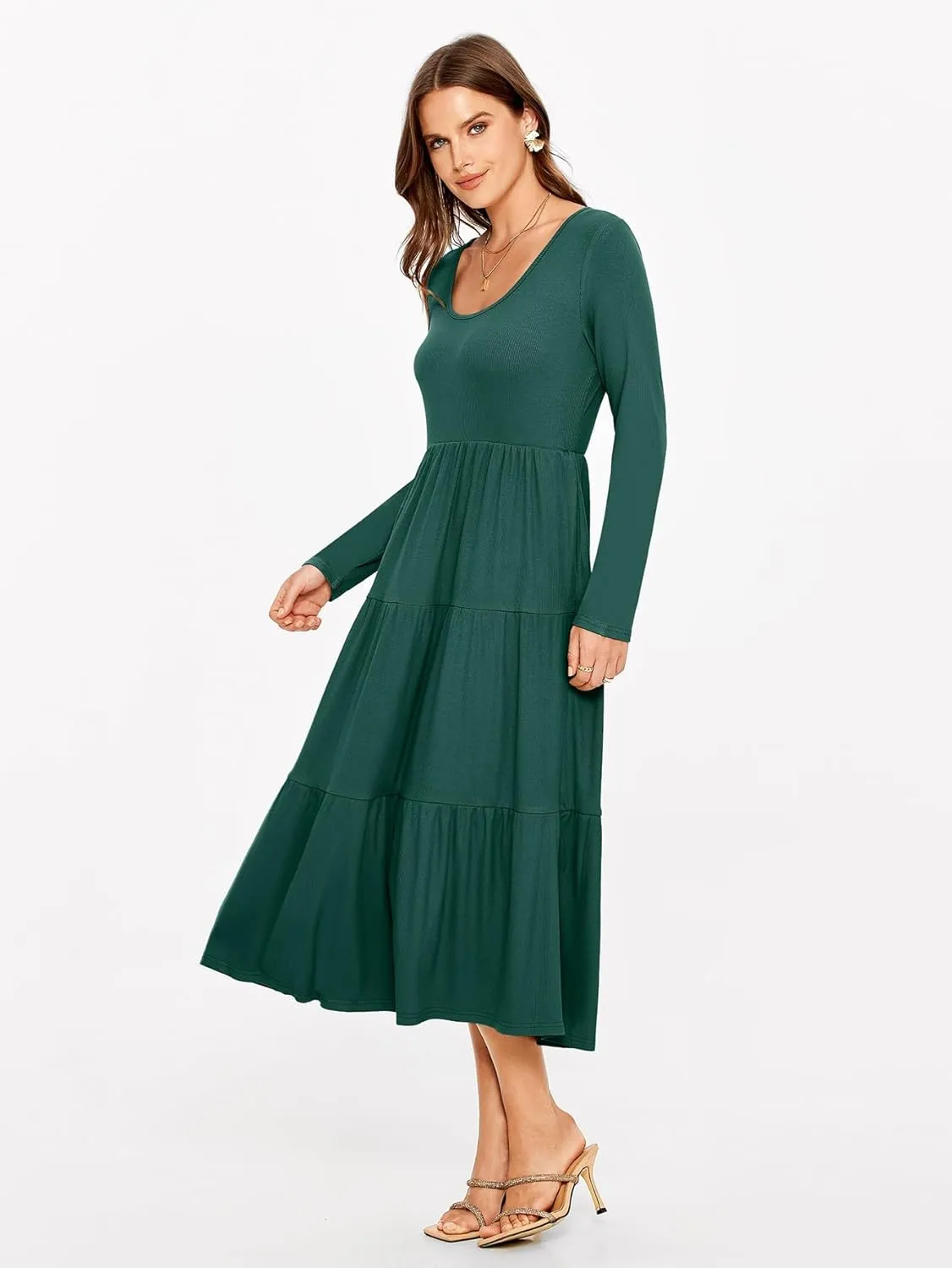 Glamaker Women's Long Sleeve Fall Dress Casual Swing Maxi Dress Tiered Midi Dress with Pockets 2024