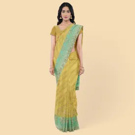 Gold to turquoise green imitation silk saree with multicolor print having gold jacquard in floral design-12783