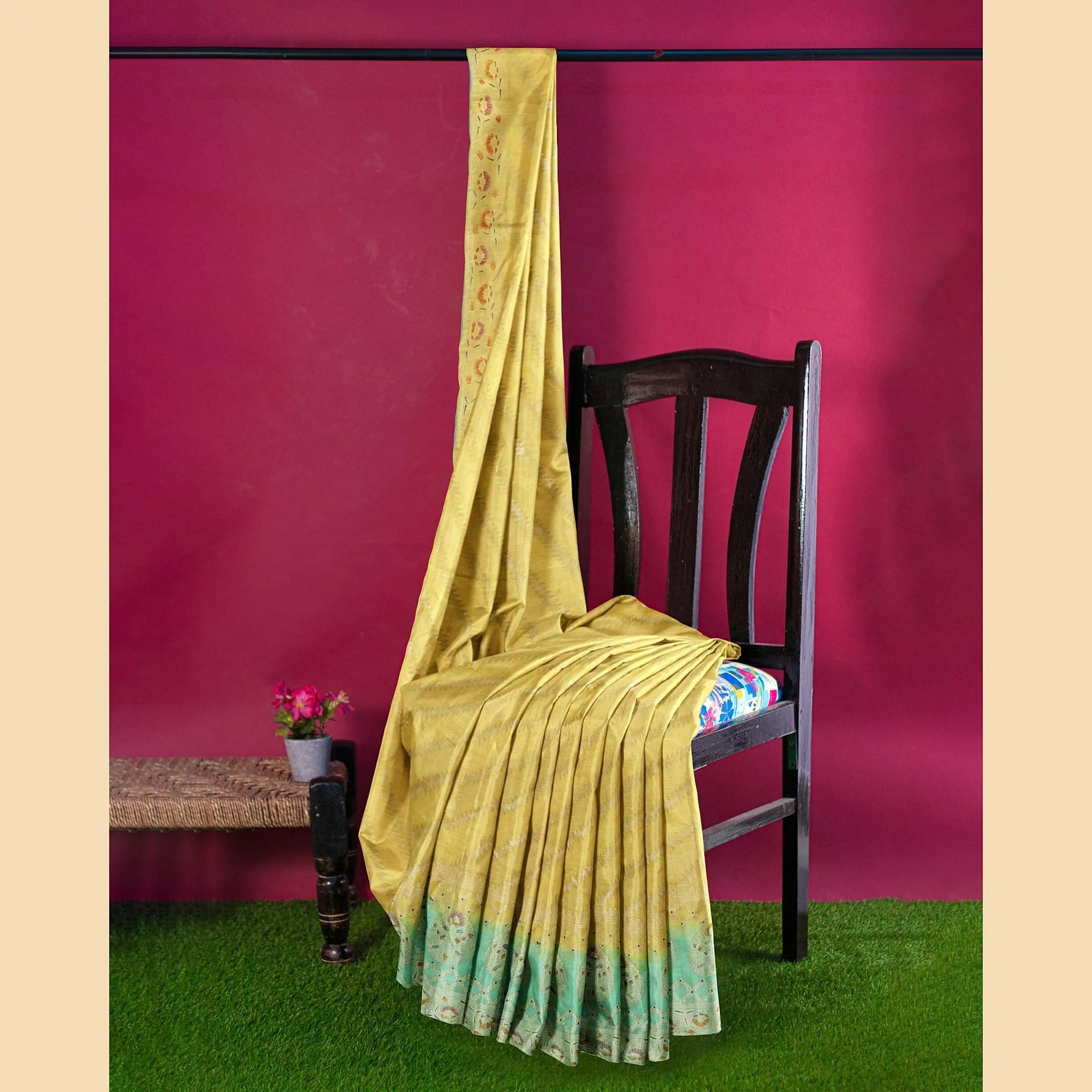 Gold to turquoise green imitation silk saree with multicolor print having gold jacquard in floral design-12783