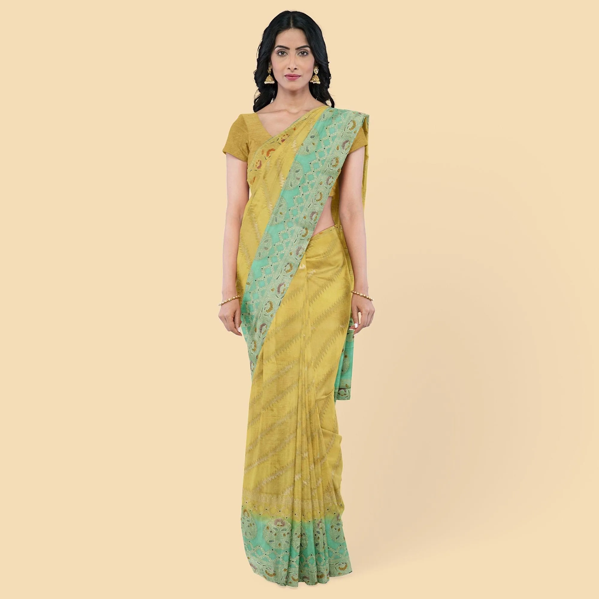 Gold to turquoise green imitation silk saree with multicolor print having gold jacquard in floral design-12783