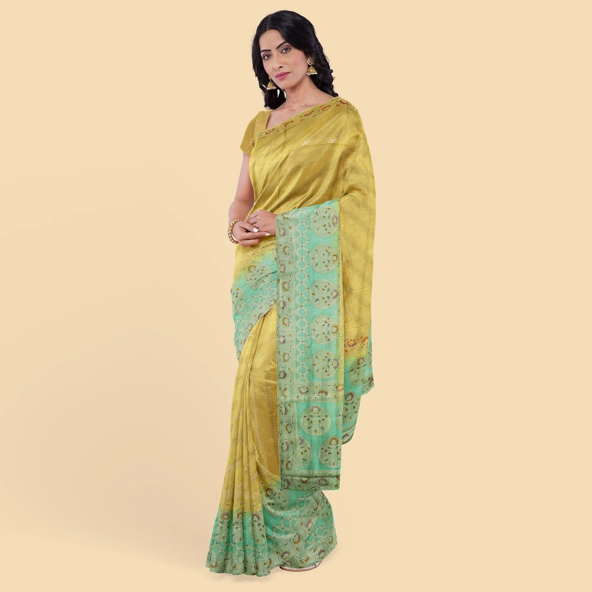 Gold to turquoise green imitation silk saree with multicolor print having gold jacquard in floral design-12783