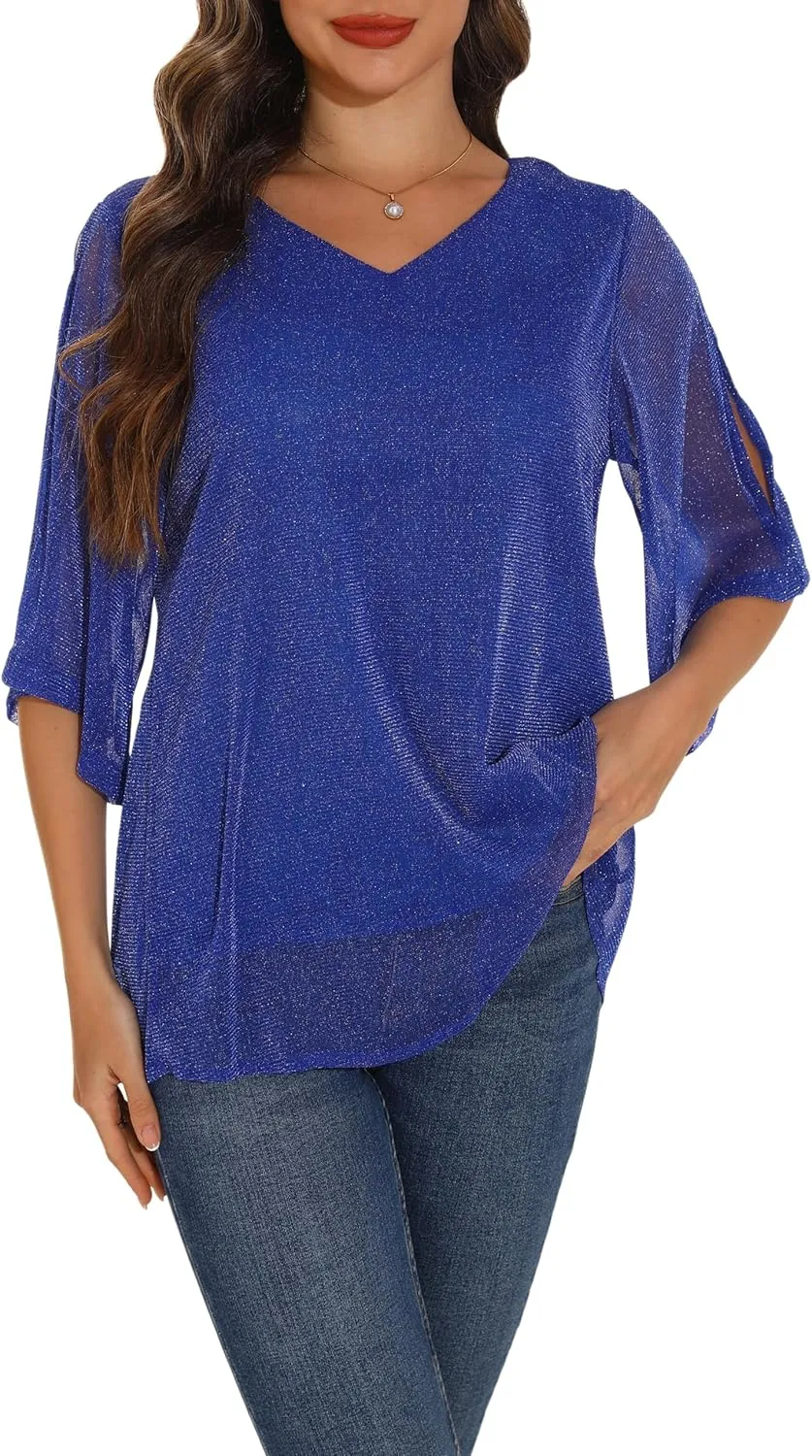 GUANYY Women's Ruffle 3/4 Sleeve Chiffon Tops Casual V Neck Double Layers Sheer Blouses Business Work Dressy Shirt S-XXL