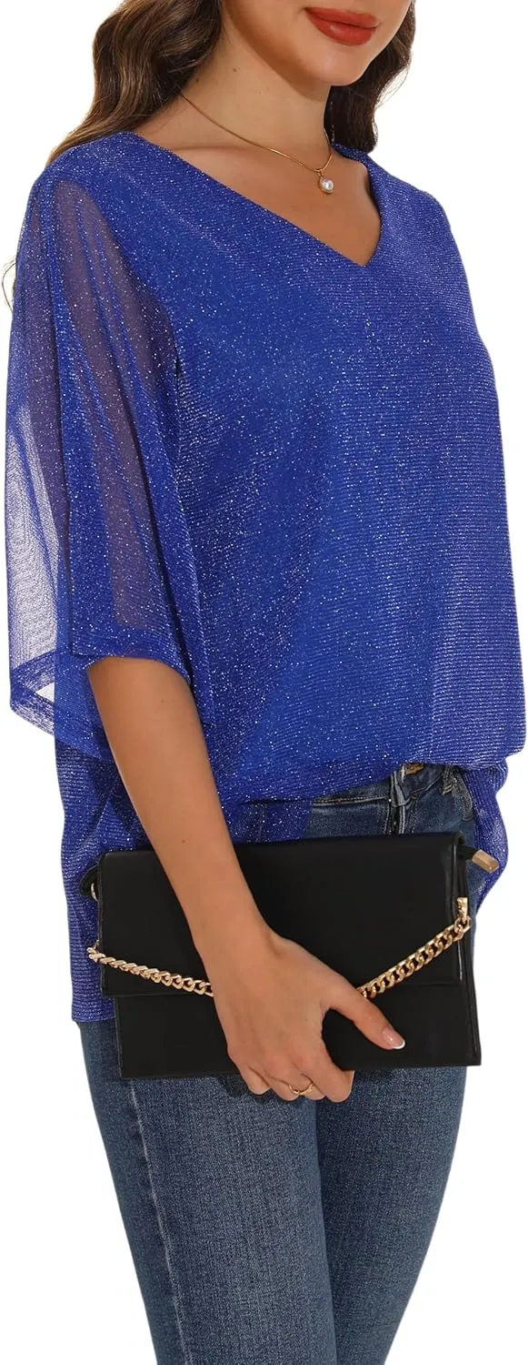 GUANYY Women's Ruffle 3/4 Sleeve Chiffon Tops Casual V Neck Double Layers Sheer Blouses Business Work Dressy Shirt S-XXL