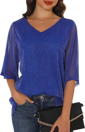 GUANYY Women's Ruffle 3/4 Sleeve Chiffon Tops Casual V Neck Double Layers Sheer Blouses Business Work Dressy Shirt S-XXL