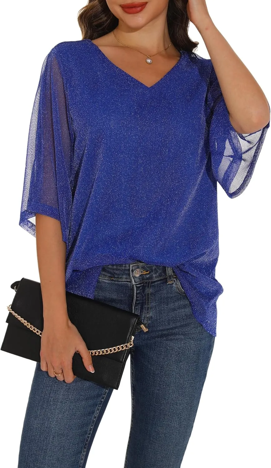 GUANYY Women's Ruffle 3/4 Sleeve Chiffon Tops Casual V Neck Double Layers Sheer Blouses Business Work Dressy Shirt S-XXL