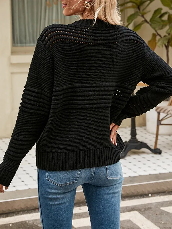 Hollow Solid Color Long Sleeves Loose Round-Neck Sweater Tops Pullovers Knitwear