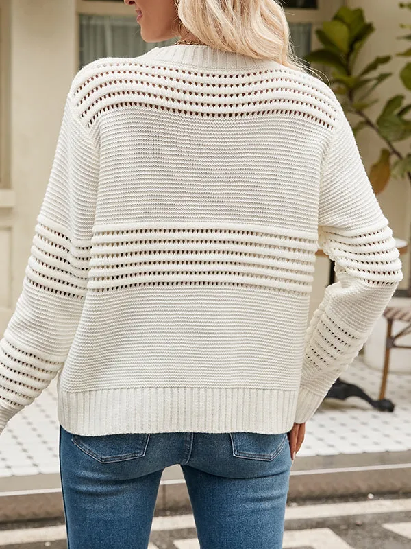 Hollow Solid Color Long Sleeves Loose Round-Neck Sweater Tops Pullovers Knitwear