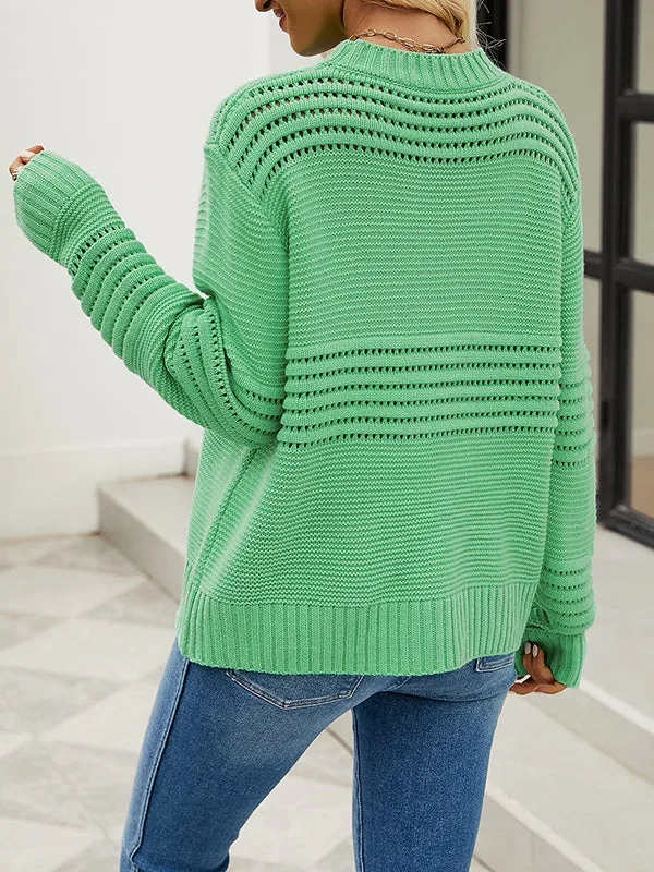 Hollow Solid Color Long Sleeves Loose Round-Neck Sweater Tops Pullovers Knitwear