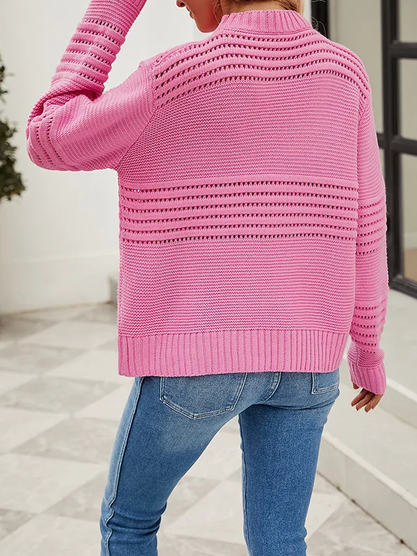Hollow Solid Color Long Sleeves Loose Round-Neck Sweater Tops Pullovers Knitwear