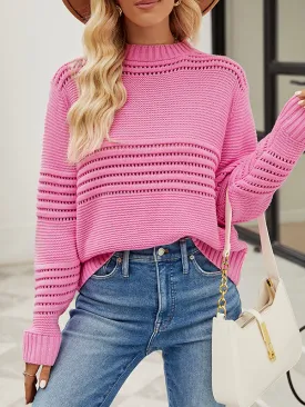 Hollow Solid Color Long Sleeves Loose Round-Neck Sweater Tops Pullovers Knitwear