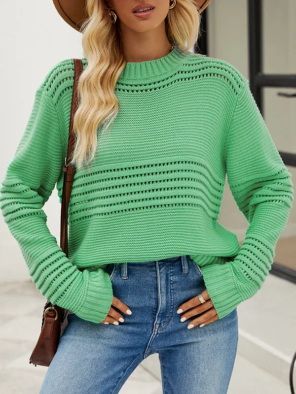 Hollow Solid Color Long Sleeves Loose Round-Neck Sweater Tops Pullovers Knitwear