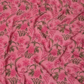 Hot pink Premium pure silk crepe fabric with multicolor print in floral design-D16691