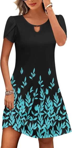 HOTOUCH Women's Casual A-Line Dress with Pockets Summer Beach Floral Tshirt Dress Short Sleeve Mini Dress Flowy Sundresses