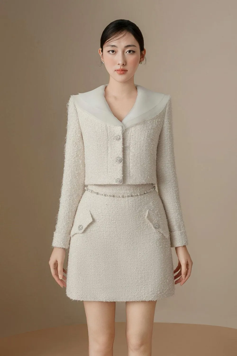 Lea A-line Button Tweed Mini Skirt