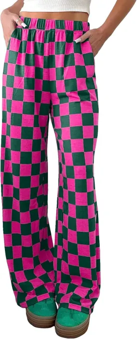 Lesore Womens Casual 2-Tone Checkered Print Pants Elastic High Waist Wide Leg Pants Lounge with Pockets