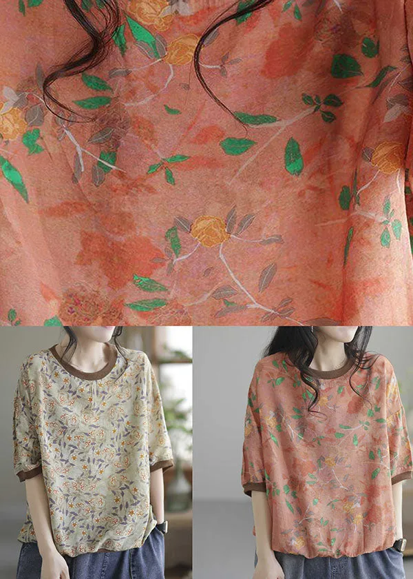 Light Green Patchwork Print Cotton T Shirt O Neck Summer LY0231