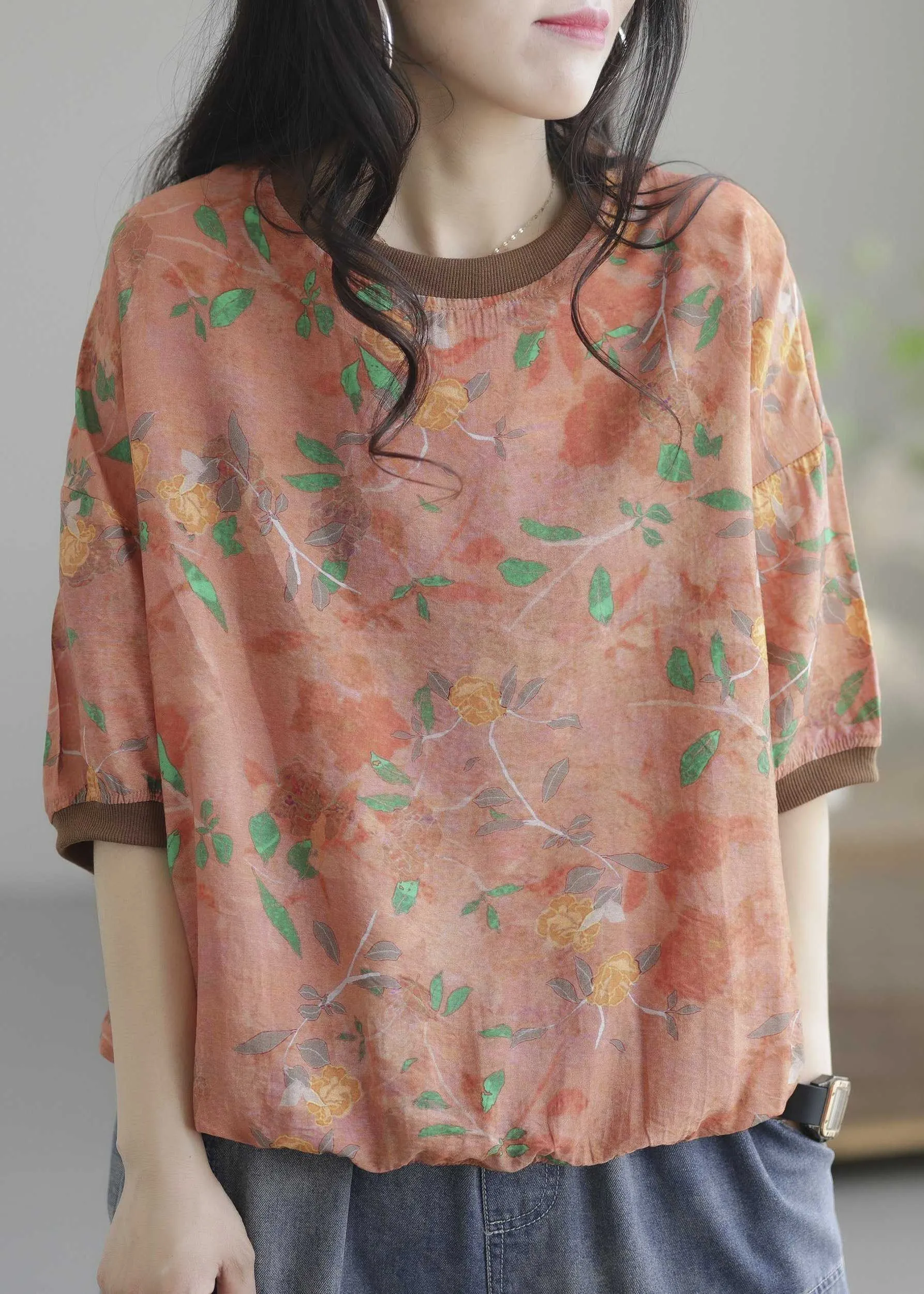 Light Green Patchwork Print Cotton T Shirt O Neck Summer LY0231