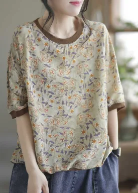 Light Green Patchwork Print Cotton T Shirt O Neck Summer LY0231