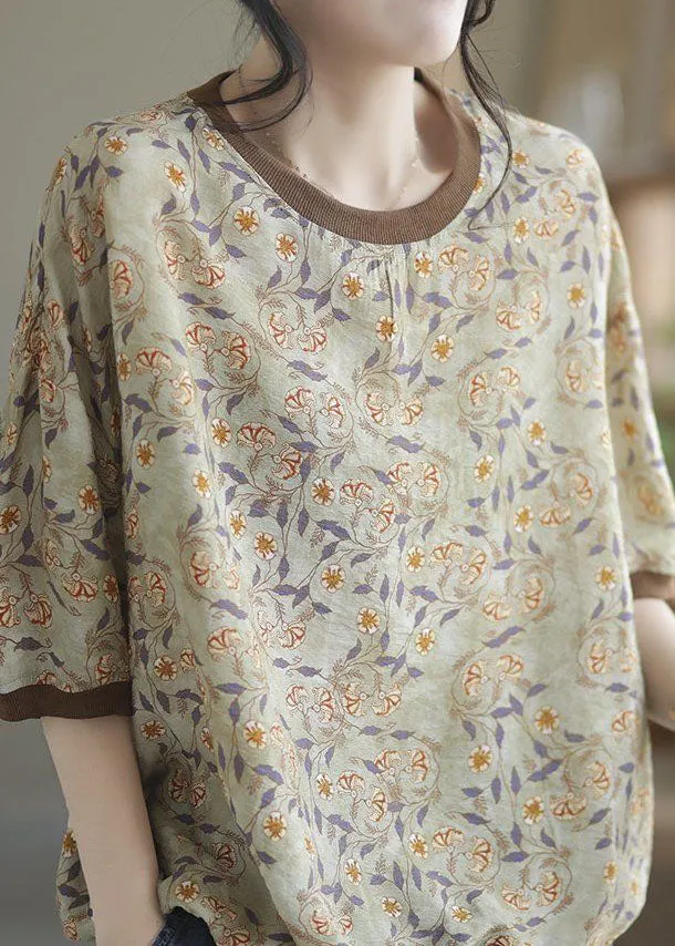 Light Green Patchwork Print Cotton T Shirt O Neck Summer LY0231