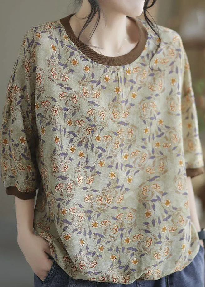 Light Green Patchwork Print Cotton T Shirt O Neck Summer LY0231