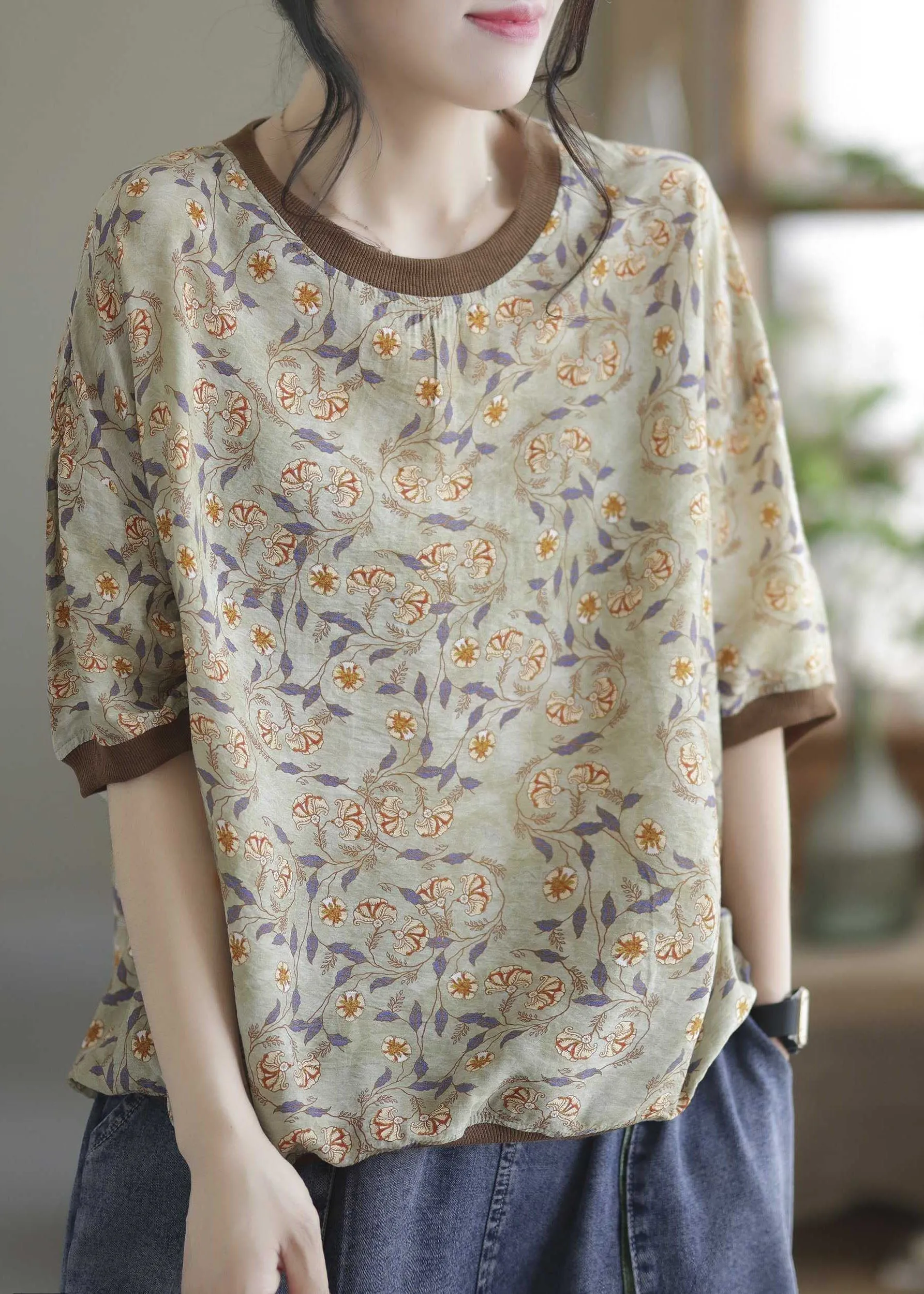 Light Green Patchwork Print Cotton T Shirt O Neck Summer LY0231