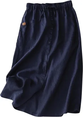Linen Skirt for Women Summer Casual High Waisted A-Line Tie Waist Button Long Flowy Cotton Midi Skirts with Pockets Navy