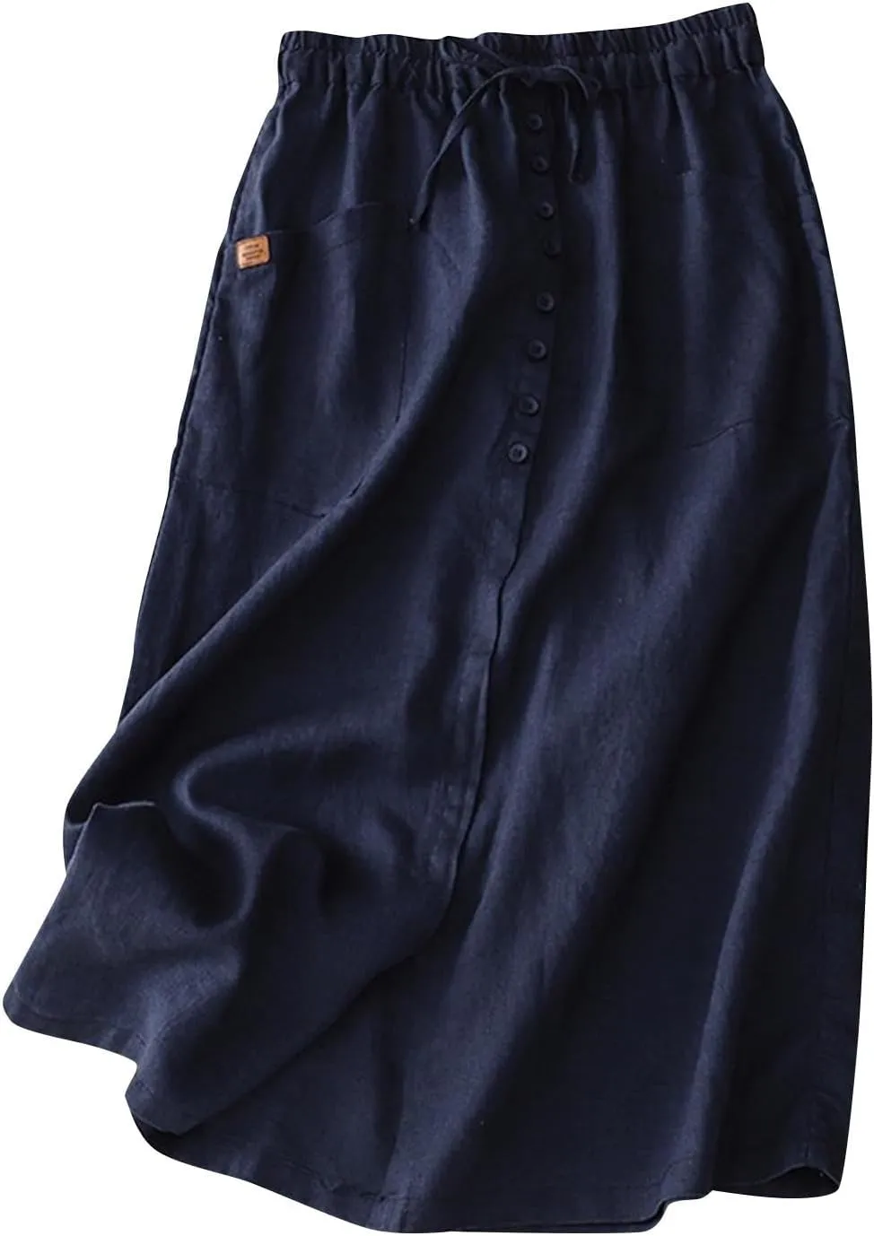 Linen Skirt for Women Summer Casual High Waisted A-Line Tie Waist Button Long Flowy Cotton Midi Skirts with Pockets Navy