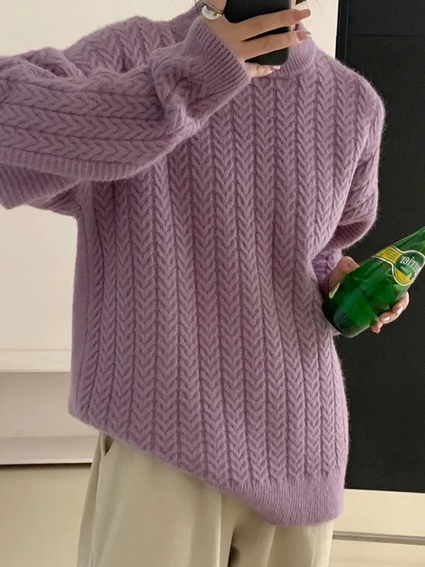 Long Sleeves Loose Solid Color Velvet Round-Neck Knitwear Pullovers Sweater Tops