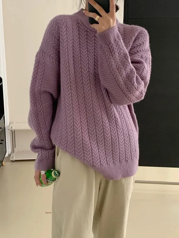 Long Sleeves Loose Solid Color Velvet Round-Neck Knitwear Pullovers Sweater Tops