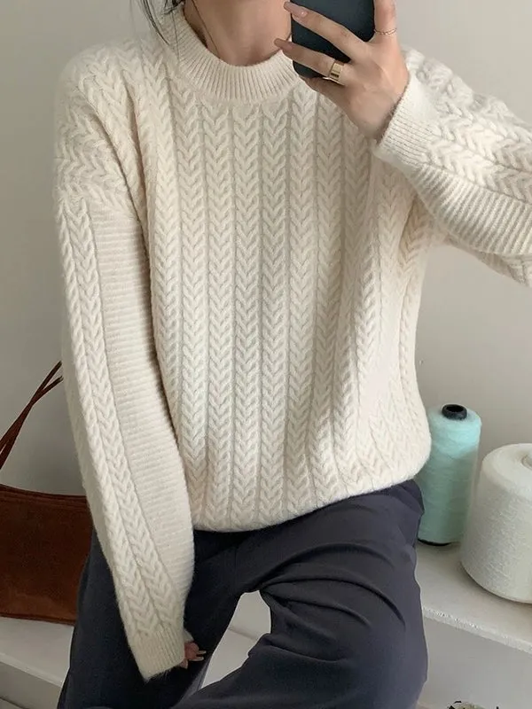 Long Sleeves Loose Solid Color Velvet Round-Neck Knitwear Pullovers Sweater Tops