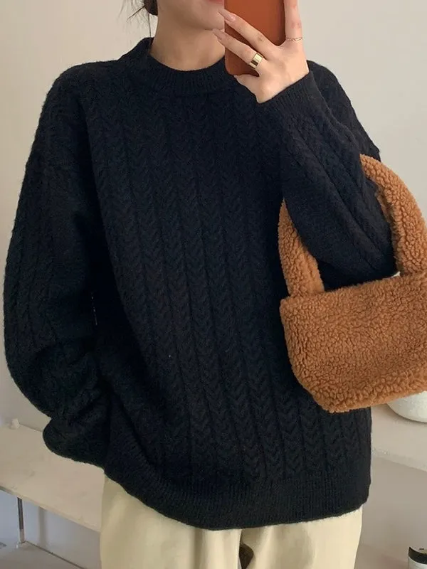 Long Sleeves Loose Solid Color Velvet Round-Neck Knitwear Pullovers Sweater Tops