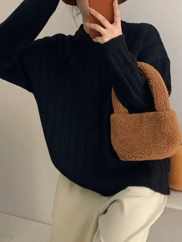 Long Sleeves Loose Solid Color Velvet Round-Neck Knitwear Pullovers Sweater Tops