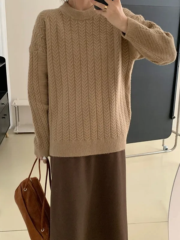 Long Sleeves Loose Solid Color Velvet Round-Neck Knitwear Pullovers Sweater Tops