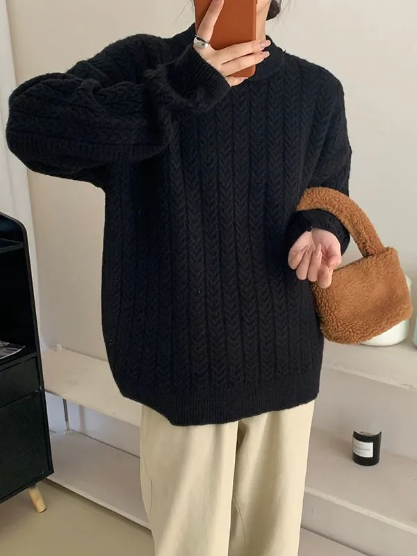 Long Sleeves Loose Solid Color Velvet Round-Neck Knitwear Pullovers Sweater Tops