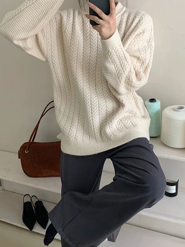 Long Sleeves Loose Solid Color Velvet Round-Neck Knitwear Pullovers Sweater Tops